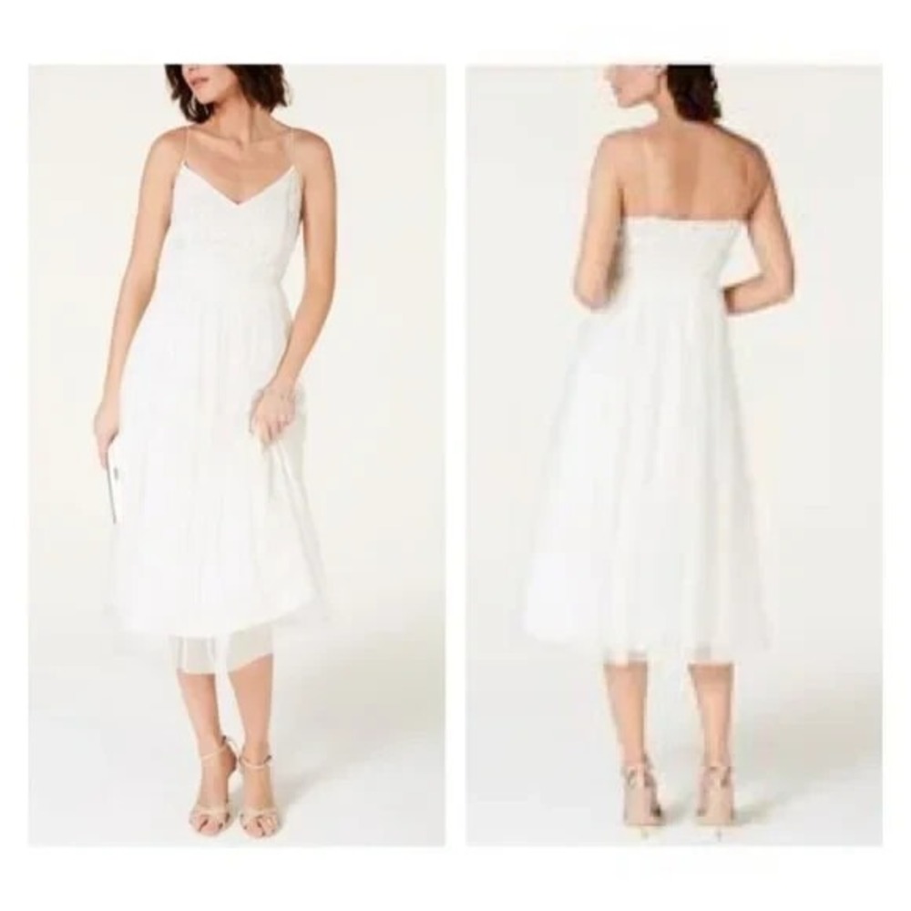 Adrianna Papell White Hand Beaded Chiffon Midi Dress Size 12 Bride Wedding